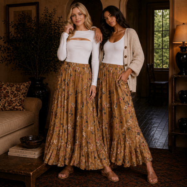 Golden Knit Floral Palazzo Pants