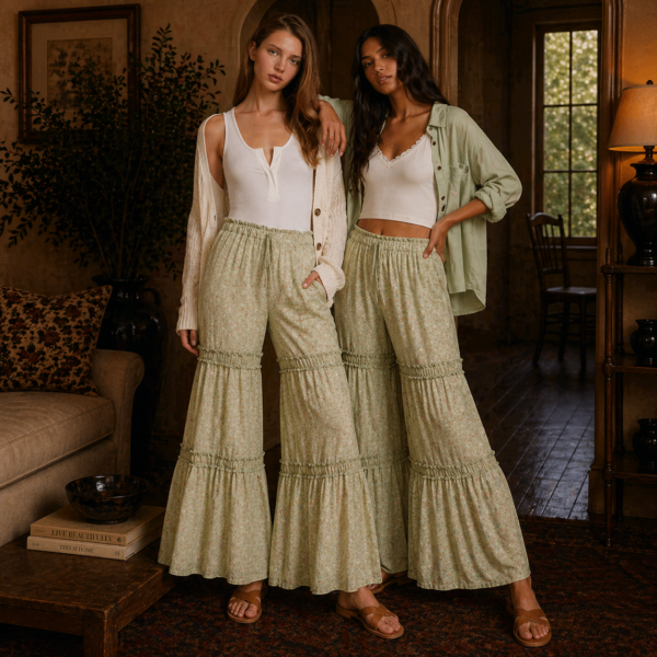 Laurel Green Floral Wide-Leg Drawstring Palazzo Pants